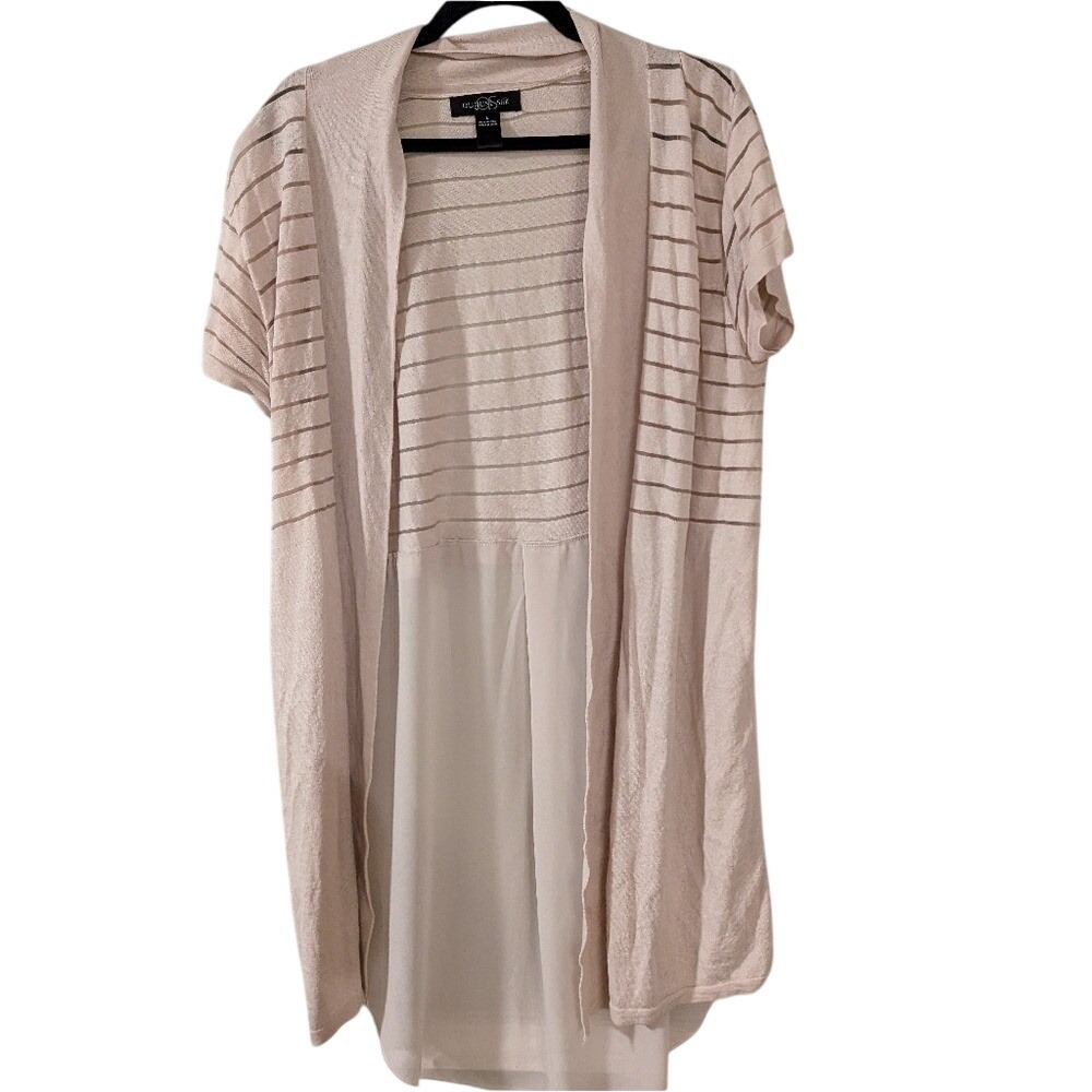 August Silk Cardigan Womens Large Beige Striped Mixed Media Open Front Duster